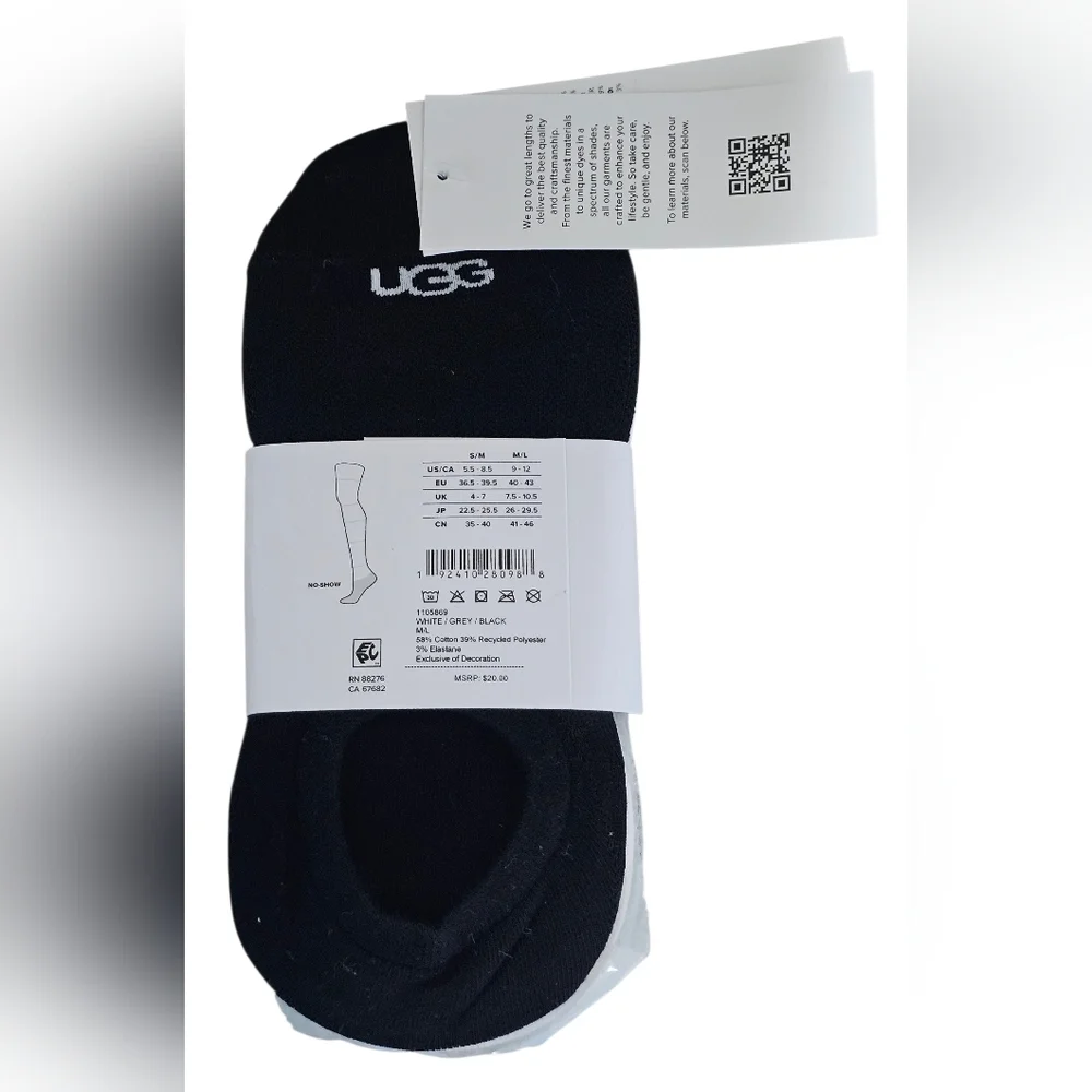 UGG Women's Stela No Show 3 Pack M/L- Black, White, Gray, New